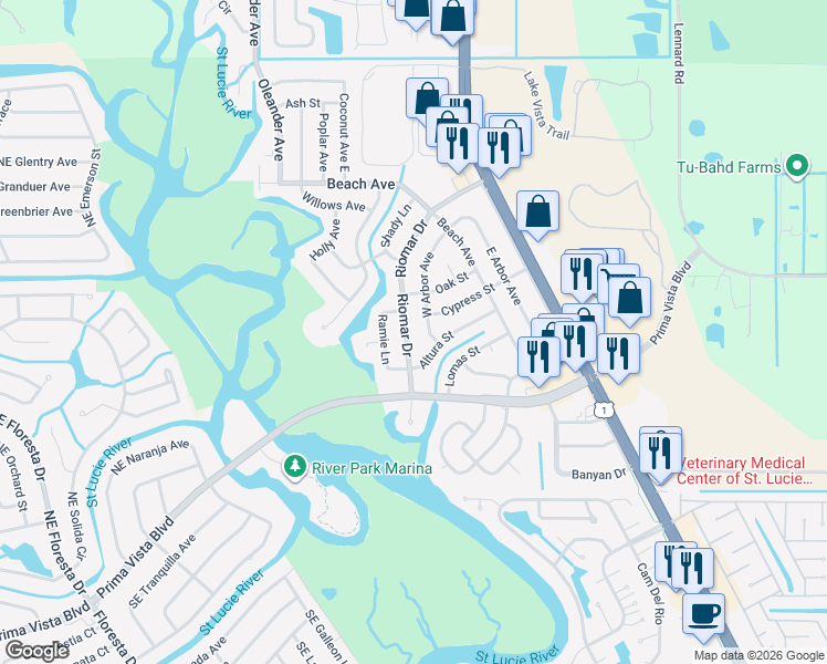 map of restaurants, bars, coffee shops, grocery stores, and more near 153 Riomar Drive in Port St. Lucie