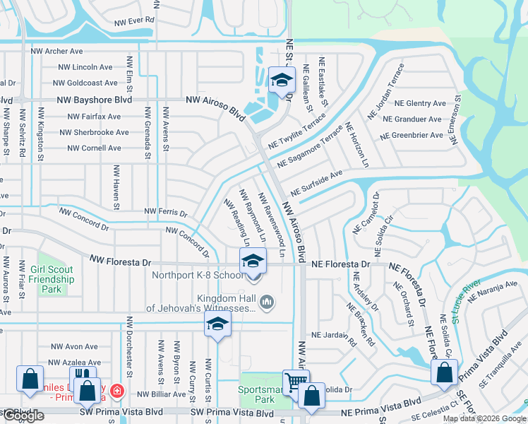 map of restaurants, bars, coffee shops, grocery stores, and more near 452 Northwest Ravenswood Lane in Port St. Lucie