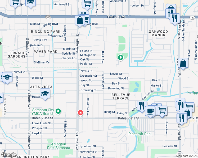 map of restaurants, bars, coffee shops, grocery stores, and more near 2989 Wood Street in Sarasota