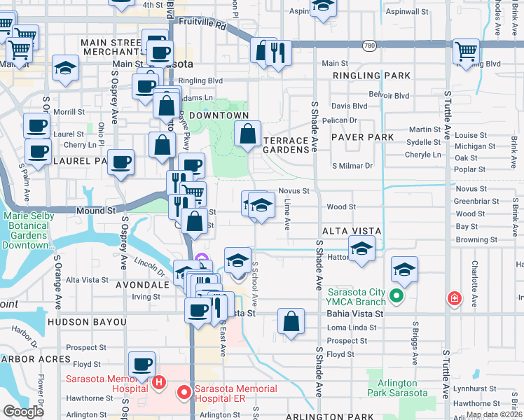 map of restaurants, bars, coffee shops, grocery stores, and more near 2218 Wood Street in Sarasota