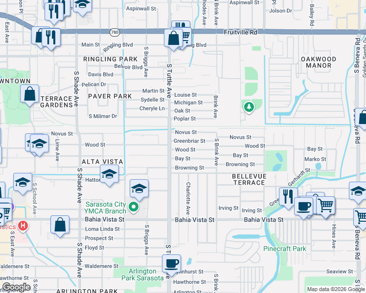 map of restaurants, bars, coffee shops, grocery stores, and more near 2857 Wood Street in Sarasota