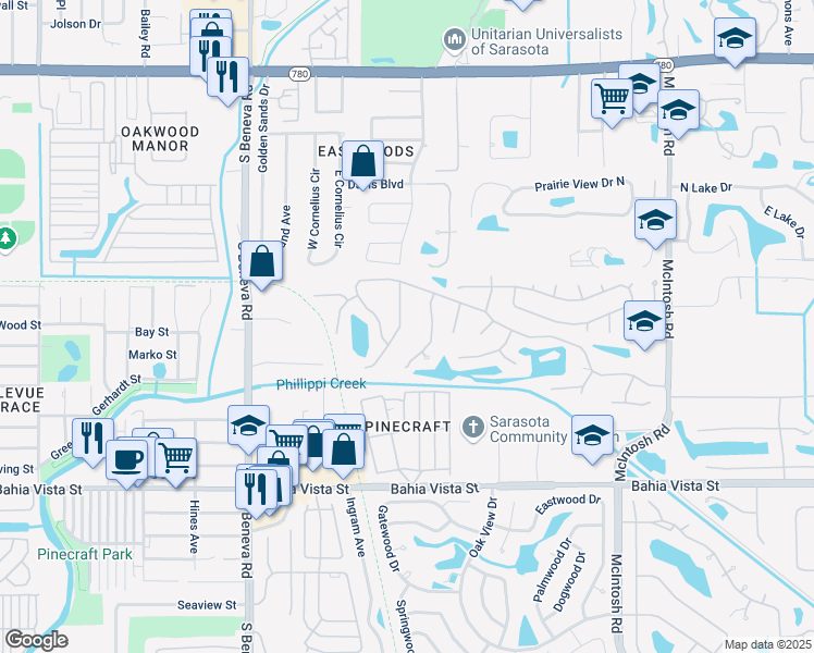 map of restaurants, bars, coffee shops, grocery stores, and more near 799 Cedarcrest Court in Sarasota