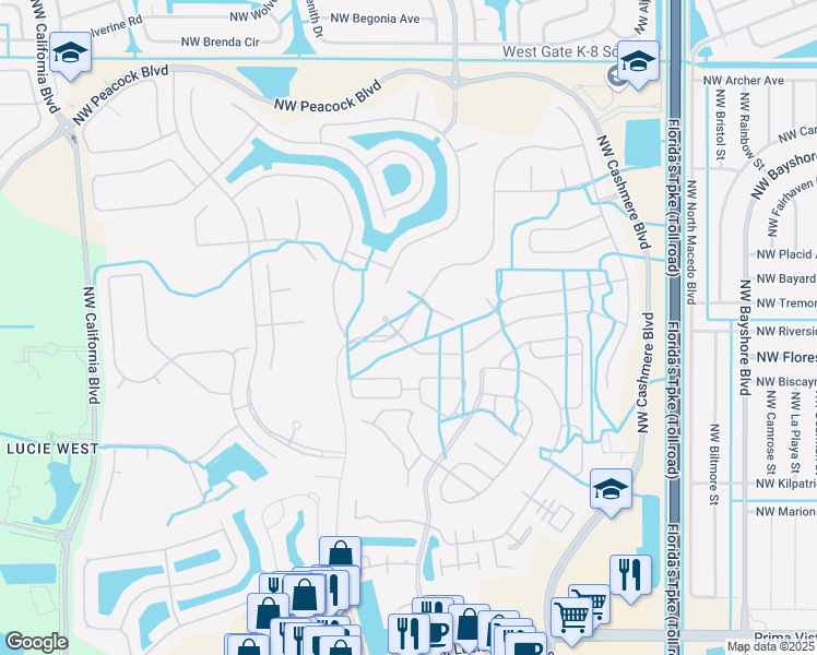 map of restaurants, bars, coffee shops, grocery stores, and more near 120 Northwest Magnolia Lakes Boulevard in Port St. Lucie