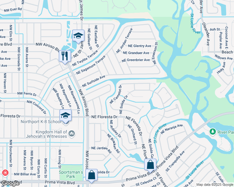 map of restaurants, bars, coffee shops, grocery stores, and more near 362 Northeast Camelot Drive in Port St. Lucie