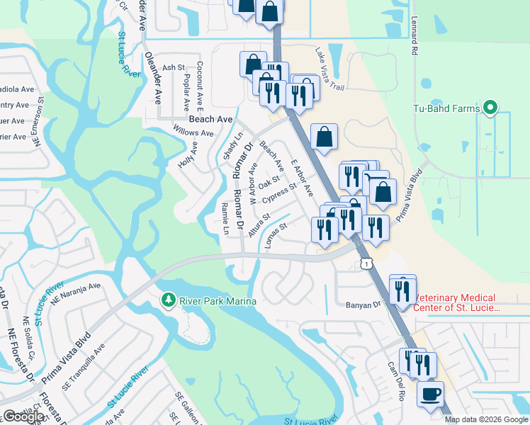 map of restaurants, bars, coffee shops, grocery stores, and more near 753 Altura Street in Port St. Lucie