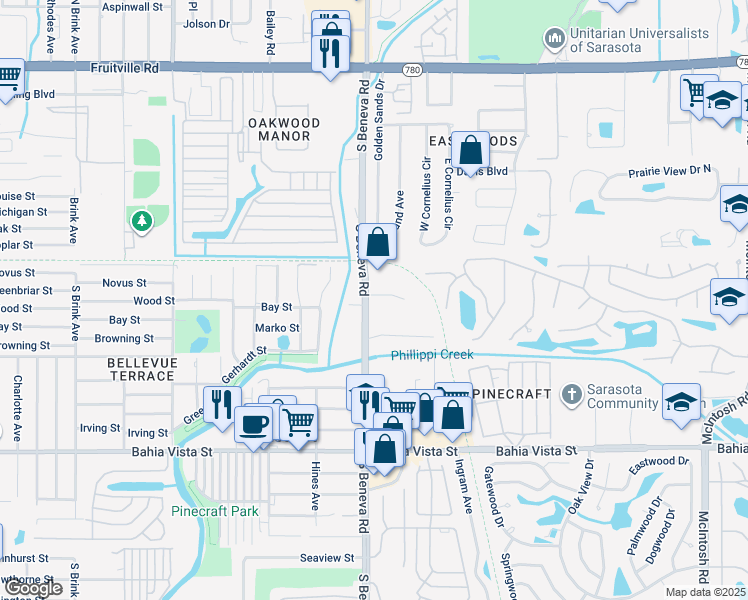 map of restaurants, bars, coffee shops, grocery stores, and more near 805 South Beneva Road in Sarasota