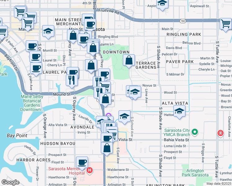 map of restaurants, bars, coffee shops, grocery stores, and more near 2055 Wood Street in Sarasota