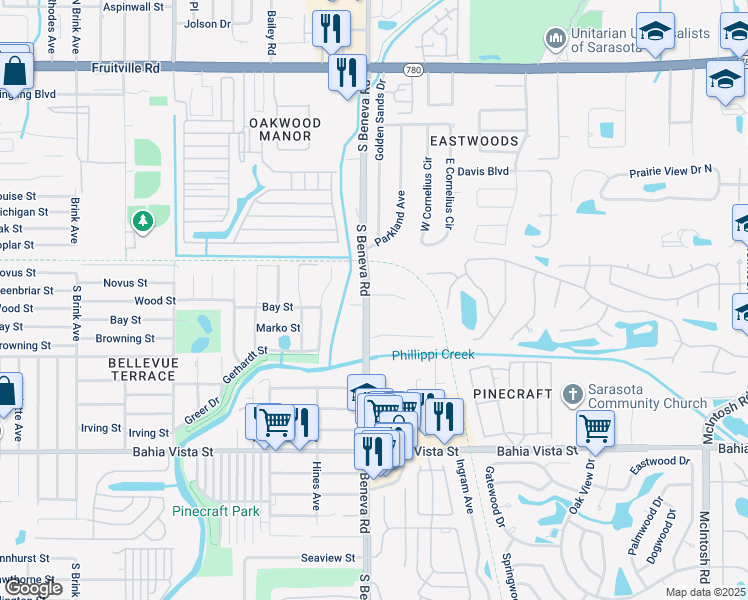 map of restaurants, bars, coffee shops, grocery stores, and more near 805 South Beneva Road in Sarasota