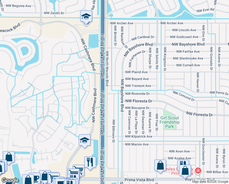 map of restaurants, bars, coffee shops, grocery stores, and more near 881 Northwest Riverside Drive in Port St. Lucie