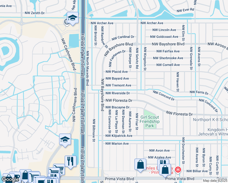 map of restaurants, bars, coffee shops, grocery stores, and more near 741 Northwest Riverside Drive in Port St. Lucie