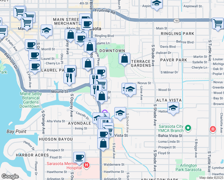 map of restaurants, bars, coffee shops, grocery stores, and more near 2055 Wood Street in Sarasota
