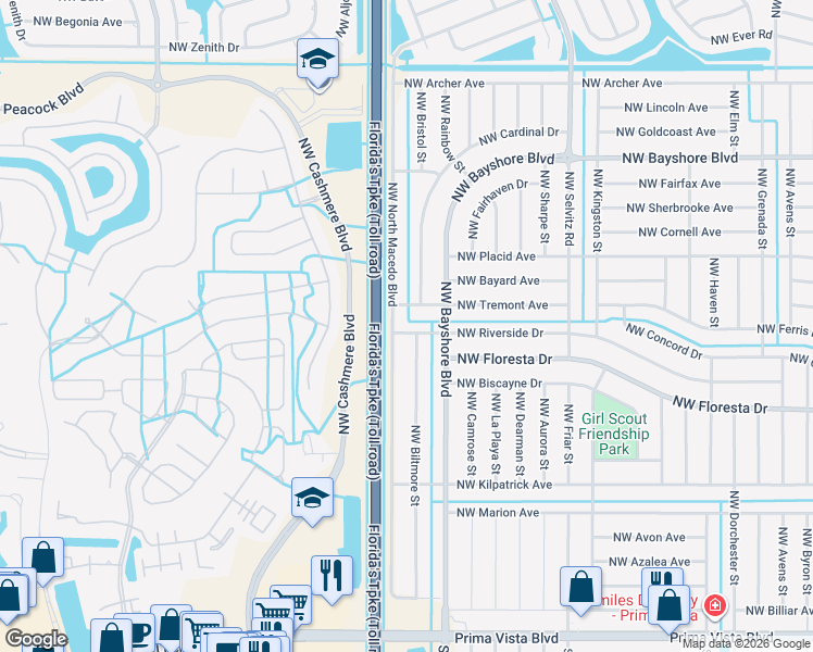 map of restaurants, bars, coffee shops, grocery stores, and more near 881 Northwest Riverside Drive in Port St. Lucie