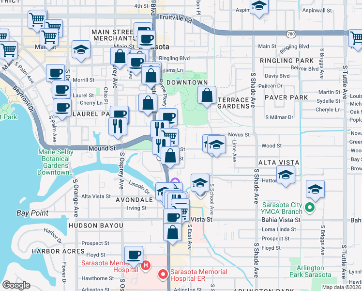 map of restaurants, bars, coffee shops, grocery stores, and more near 2055 Wood Street in Sarasota