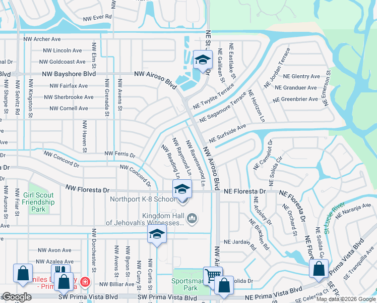 map of restaurants, bars, coffee shops, grocery stores, and more near 452 Northwest Ravenswood Lane in Port St. Lucie