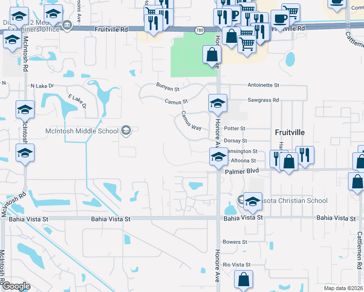 map of restaurants, bars, coffee shops, grocery stores, and more near 5210 Foxcroft Court in Sarasota
