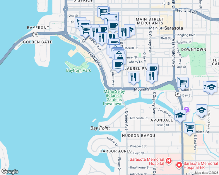 map of restaurants, bars, coffee shops, grocery stores, and more near 770 South Palm Avenue in Sarasota