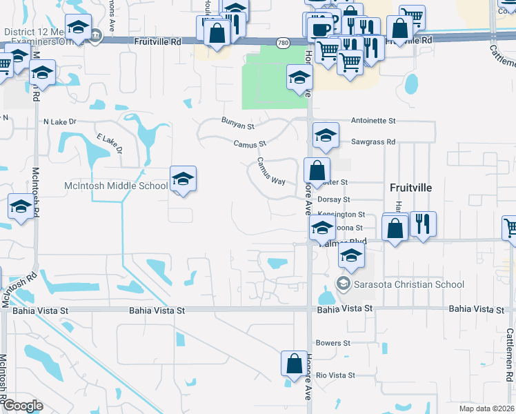 map of restaurants, bars, coffee shops, grocery stores, and more near 5210 Foxcroft Court in Sarasota