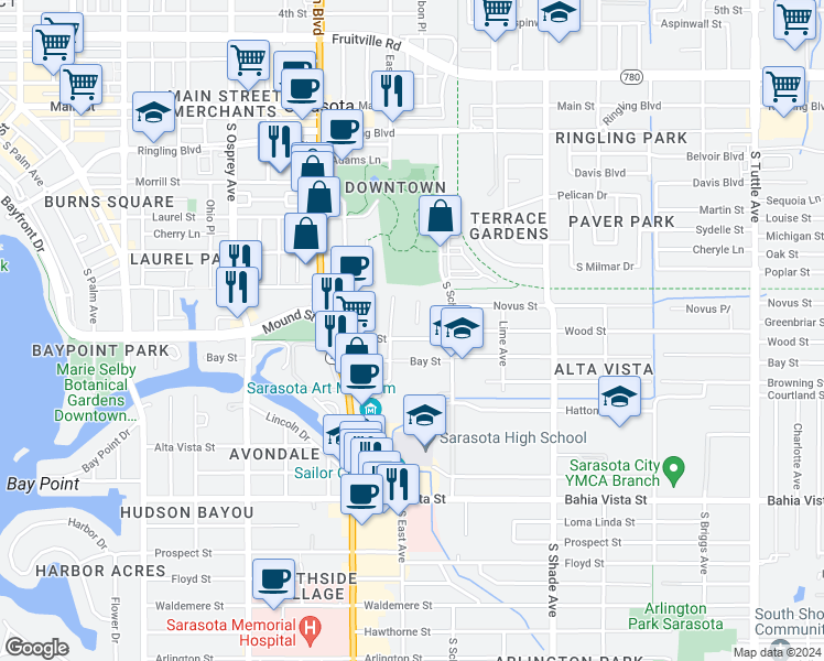 map of restaurants, bars, coffee shops, grocery stores, and more near 2157 Wood Street in Sarasota