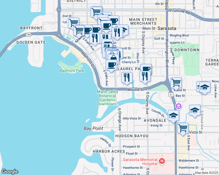 map of restaurants, bars, coffee shops, grocery stores, and more near 1545 Mound Street in Sarasota