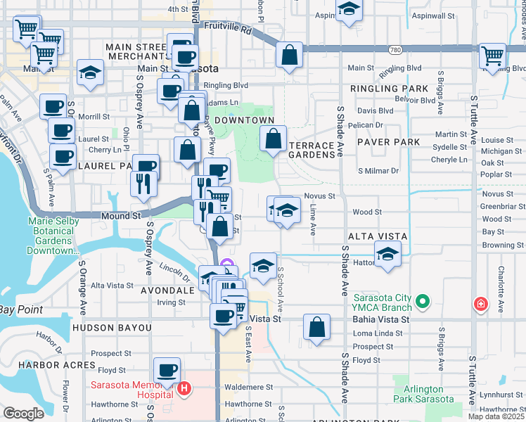 map of restaurants, bars, coffee shops, grocery stores, and more near 2157 Wood Street in Sarasota