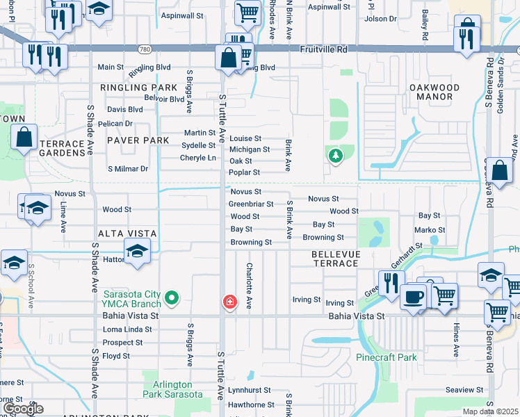 map of restaurants, bars, coffee shops, grocery stores, and more near 2912 Greenbriar Street in Sarasota