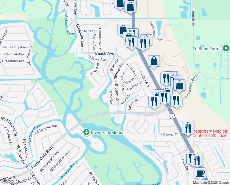 map of restaurants, bars, coffee shops, grocery stores, and more near 153 Riomar Drive in Port St. Lucie