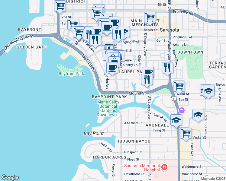 map of restaurants, bars, coffee shops, grocery stores, and more near 1545 Mound Street in Sarasota