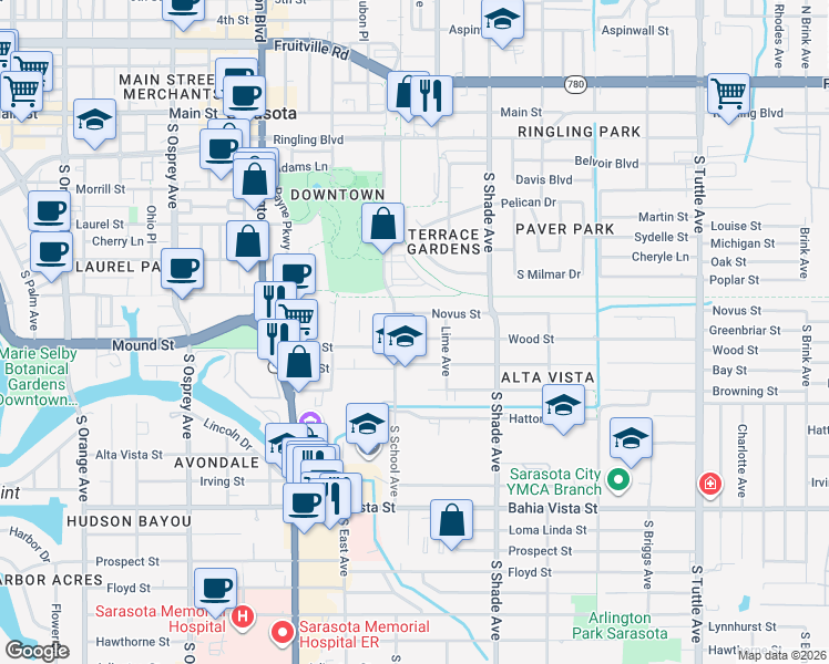 map of restaurants, bars, coffee shops, grocery stores, and more near 2218 Wood Street in Sarasota