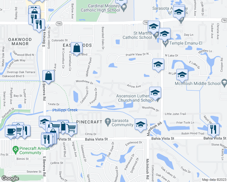 map of restaurants, bars, coffee shops, grocery stores, and more near 4051 Woodview Drive in Sarasota