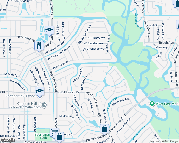 map of restaurants, bars, coffee shops, grocery stores, and more near 229 Northeast Brunson Court in Port St. Lucie