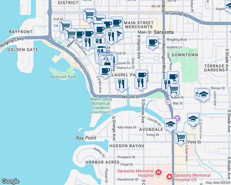 map of restaurants, bars, coffee shops, grocery stores, and more near 1666 Mound Street in Sarasota