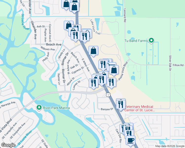map of restaurants, bars, coffee shops, grocery stores, and more near 110 East Arbor Avenue in Port St. Lucie