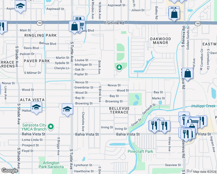 map of restaurants, bars, coffee shops, grocery stores, and more near 3036 Wood Street in Sarasota