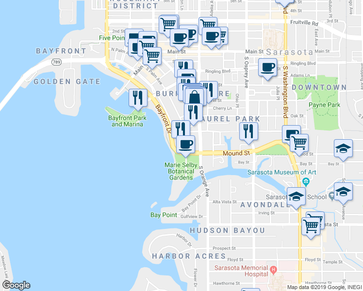 map of restaurants, bars, coffee shops, grocery stores, and more near 770 South Palm Avenue in Sarasota