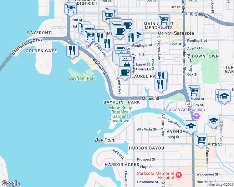map of restaurants, bars, coffee shops, grocery stores, and more near 770 South Palm Avenue in Sarasota