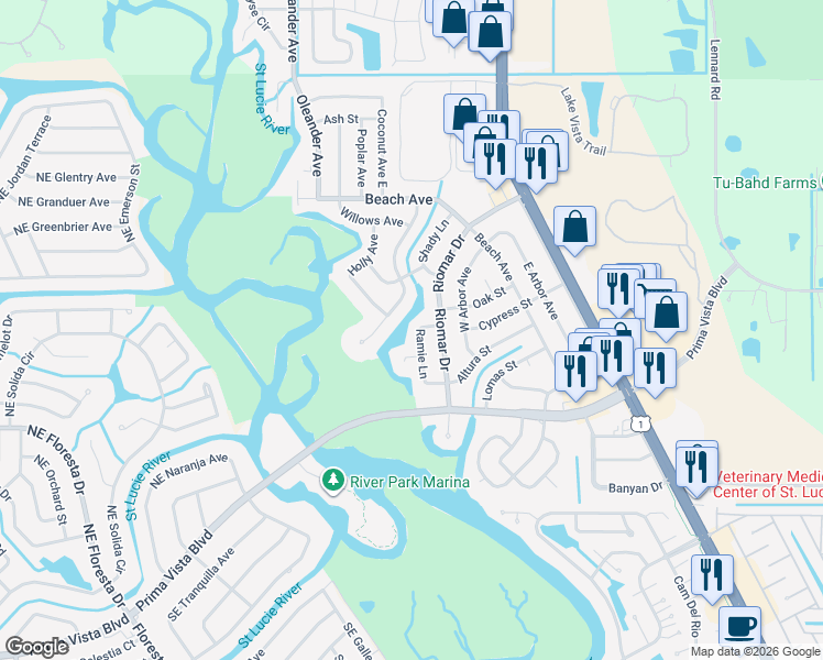 map of restaurants, bars, coffee shops, grocery stores, and more near 705 Ramie Court in Port St. Lucie