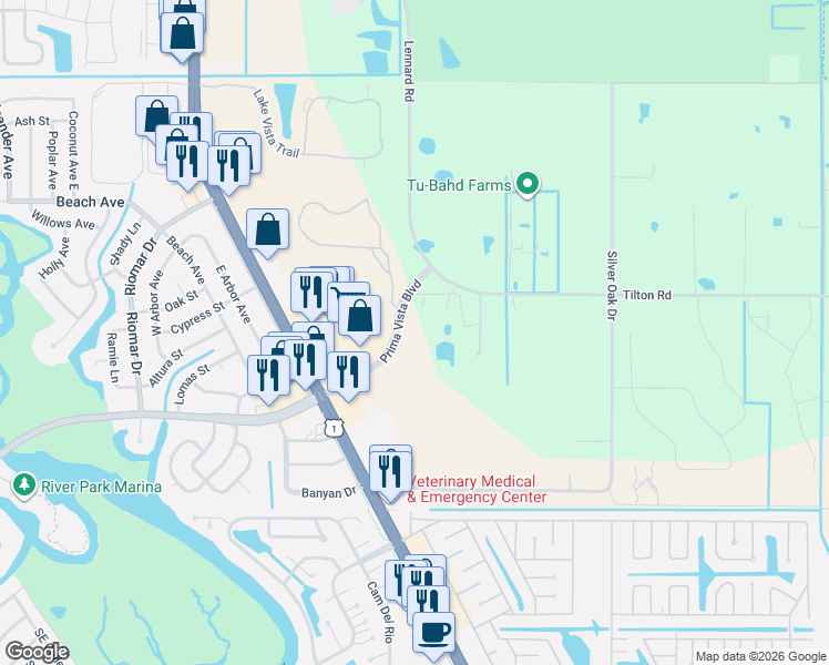 map of restaurants, bars, coffee shops, grocery stores, and more near 801 Tilton Road in Port St. Lucie