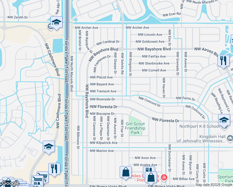 map of restaurants, bars, coffee shops, grocery stores, and more near 601 Northwest Riverside Drive in Port St. Lucie