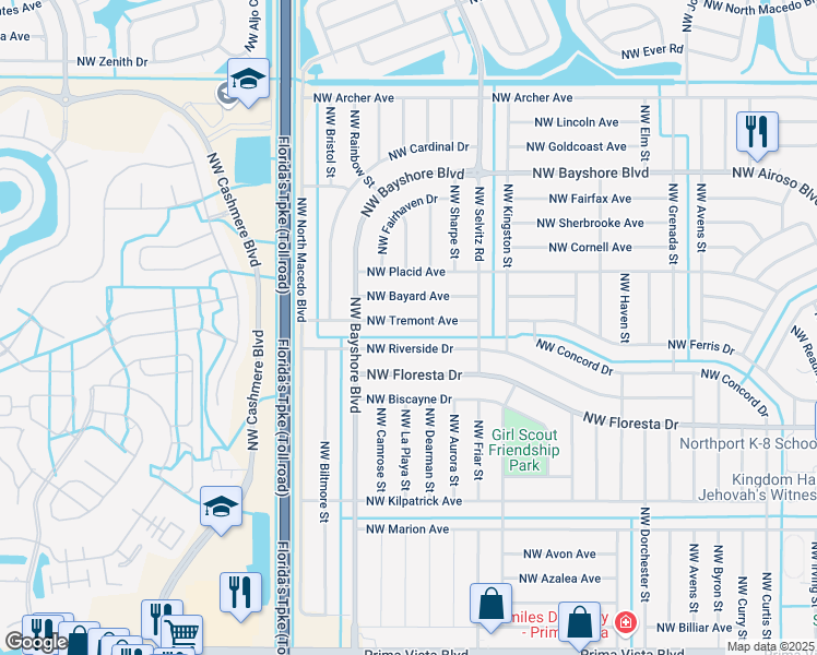 map of restaurants, bars, coffee shops, grocery stores, and more near 741 Northwest Riverside Drive in Port St. Lucie