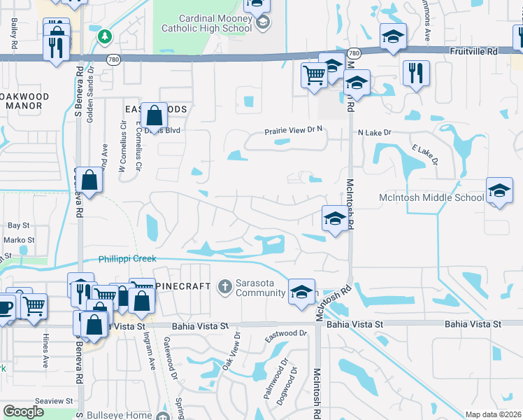 map of restaurants, bars, coffee shops, grocery stores, and more near 4129 Woodview Drive in Sarasota