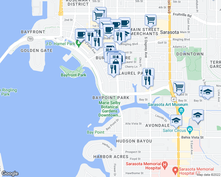 map of restaurants, bars, coffee shops, grocery stores, and more near 1545 Mound Street in Sarasota