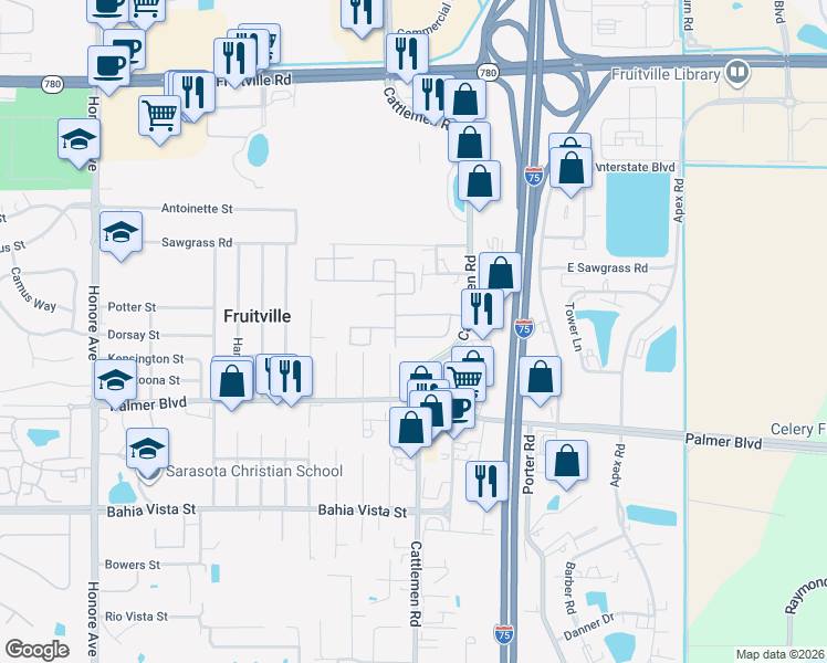 map of restaurants, bars, coffee shops, grocery stores, and more near 5901 Briar Rose Way in Sarasota