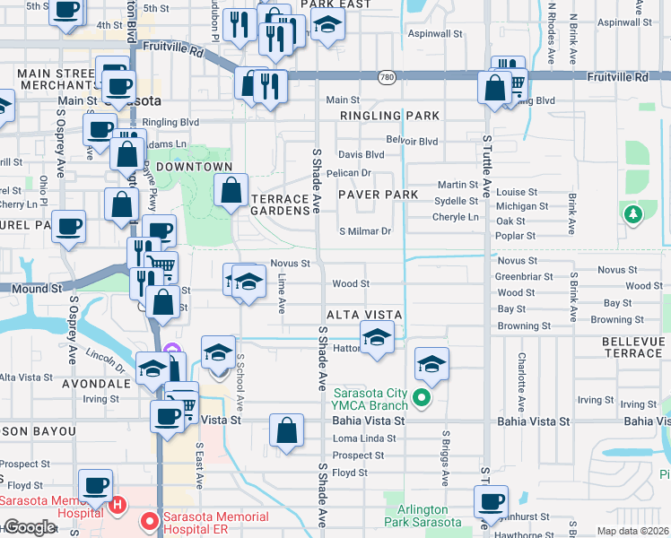 map of restaurants, bars, coffee shops, grocery stores, and more near 2441 Novus Street in Sarasota