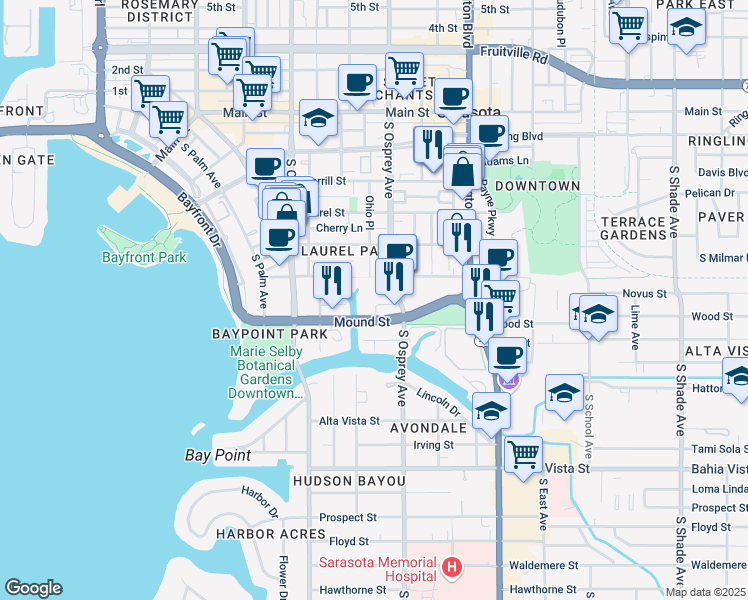map of restaurants, bars, coffee shops, grocery stores, and more near 694 South Osprey Avenue in Sarasota