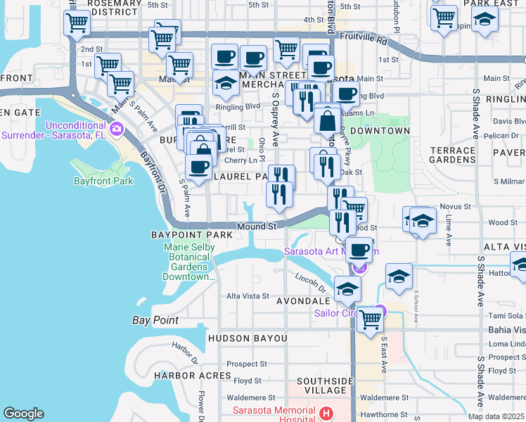 map of restaurants, bars, coffee shops, grocery stores, and more near 694 South Osprey Avenue in Sarasota