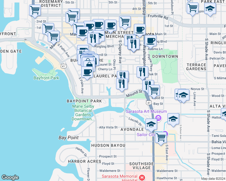 map of restaurants, bars, coffee shops, grocery stores, and more near 730 South Osprey Avenue in Sarasota