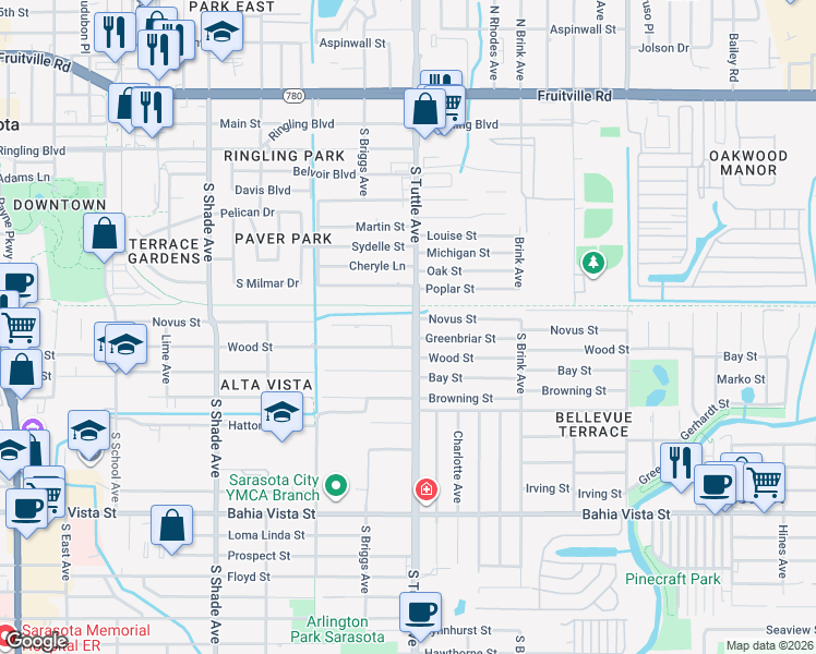 map of restaurants, bars, coffee shops, grocery stores, and more near 2757 Novus Place in Sarasota