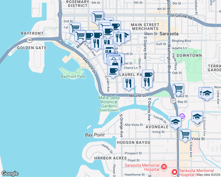 map of restaurants, bars, coffee shops, grocery stores, and more near 700 South Orange Avenue in Sarasota