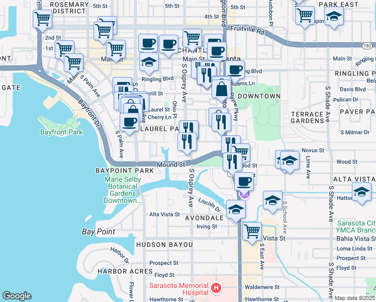 map of restaurants, bars, coffee shops, grocery stores, and more near 730 South Osprey Avenue in Sarasota