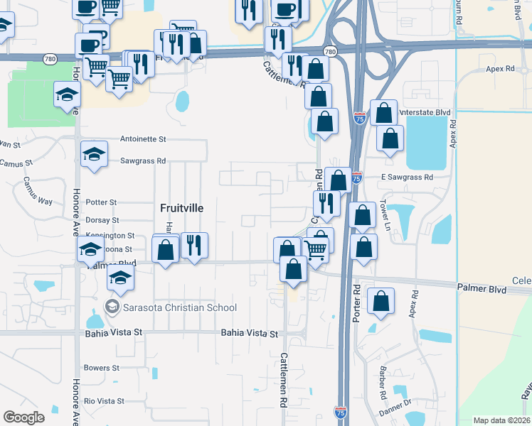 map of restaurants, bars, coffee shops, grocery stores, and more near 5847 Elegant Orchid Way in Sarasota
